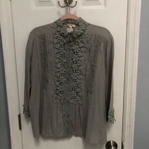 POL 3D Boho Floral Lace Button Down Top Shirt L Large  Cotton